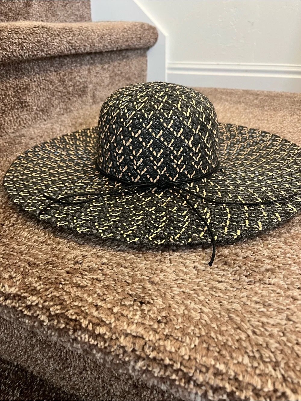 Wide-Brim Black Woven Sun Hat with Natural Accents